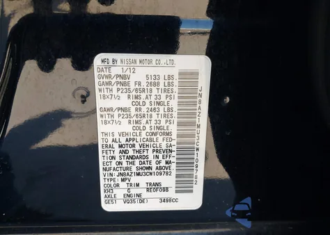 2012 Nissan Murano Sl from USA, damaged, VIN JN8AZ1MU3CW109782